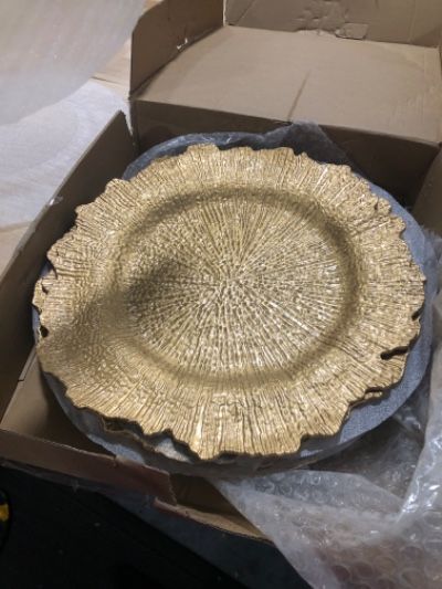 Photo 3 of ***MISSING 3 PLATES***DaCakeWS Gold Reef Charger Plates 10PCS, 13inch Plastic Floral Charger Plates Wedding for Dinner,Wedding,Party,Event,Decoration(Reef Gold10)