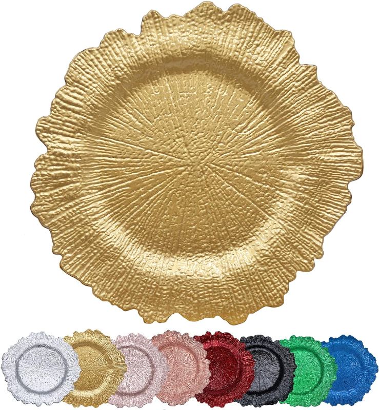 Photo 1 of ***MISSING 3 PLATES***DaCakeWS Gold Reef Charger Plates 10PCS, 13inch Plastic Floral Charger Plates Wedding for Dinner,Wedding,Party,Event,Decoration(Reef Gold10)