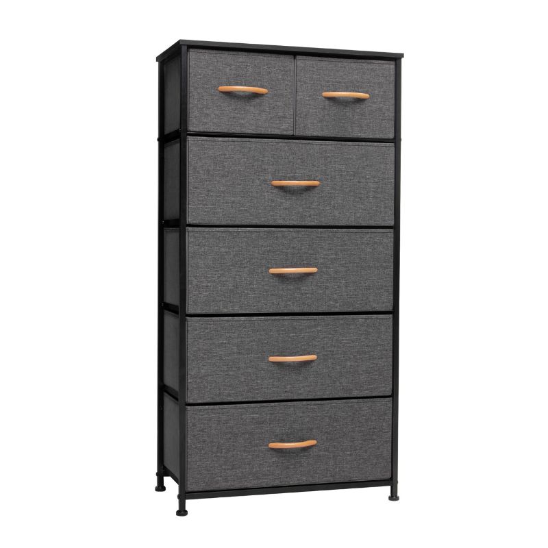 Photo 1 of 6-Drawers Vertical Dresser Storage Tower Wood Top, Easy Pull Fabric Bins, Wood Handles - Organizer Unit
