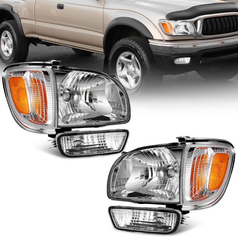 Photo 1 of  2001-2004 Toyota Tacoma Headlights Assembly Replacement For 01 02 03 04 Tacoma Headlight+Corner Parking Signal Lights+Bumper Light 6PC Set Chrome Housing Amber Reflector Left Right Side