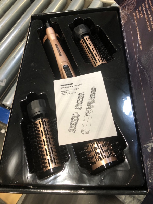 Photo 1 of Beautimeter Hair Dryer Brush, 3-in-1 Round Hot Air Spin Brush Kit for Styling and Frizz Control, Negative Ionic Blow Hair Dryer Brush Volumizer, 3 Detachable Auto-Rotating Curling Brush, Black & Gold