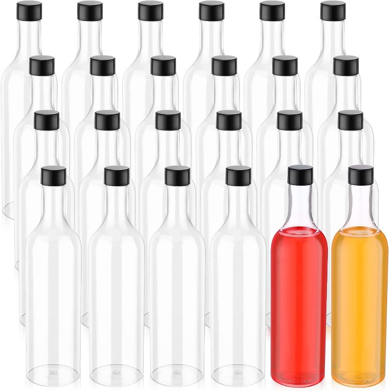 Photo 1 of 24 Pack Plastic Wine Bottles 25 oz Clear Long Neck Bottles Fruit Wine Bottles Empty Liquor Bottles with Screw Caps Flat Bottomed Soda Bottles with 1.1 Inch Black Plastic Lids for Spirit Juice Beverage