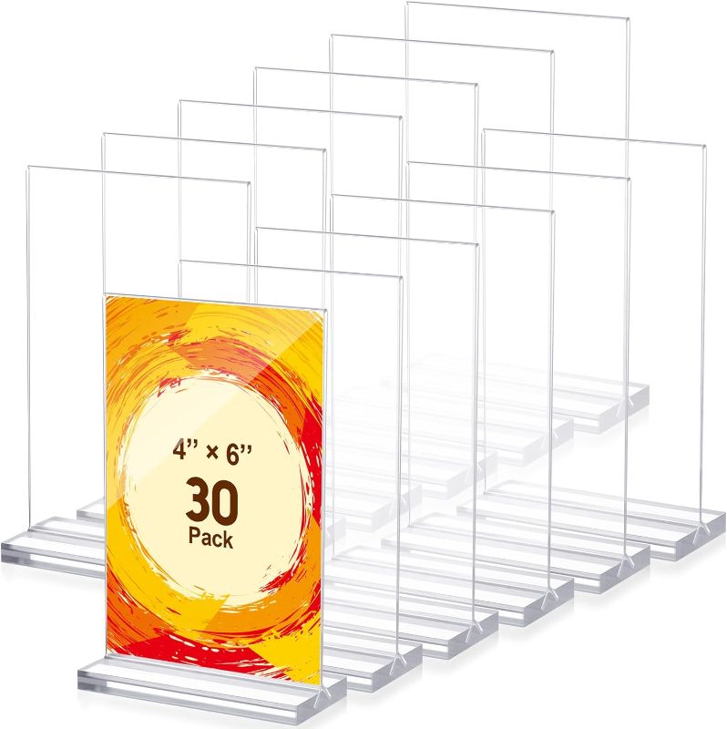 Photo 1 of 30 Packs 4 x 6 Inch Acrylic Sign Holder Clear Table Menu Display Stand Acrylic Stands for Display Standing Menu Flyer Holder Double Sided Clear Acrylic Sign for Office Store Restaurant Meetings