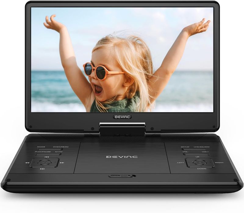 Photo 1 of DEVINC 16.9" Portable DVD Player with 14.1" Large HD Screen, Support Multiple DVD CD Formats/USB/SD Card, 6 Hours Rechargeable Battery, Sync TV