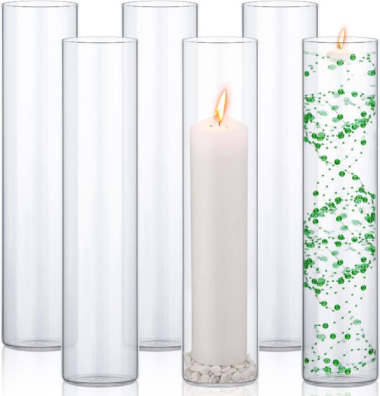 Photo 1 of 6 Pcs Glass Cylinder Vases Bulk for Centerpieces Decorative Tall Cylinder Vase Floating Candle Holders Clear Flower Vase for Tables Wedding Party Home Formal Dinners Decorations (18 x 4 Inch)