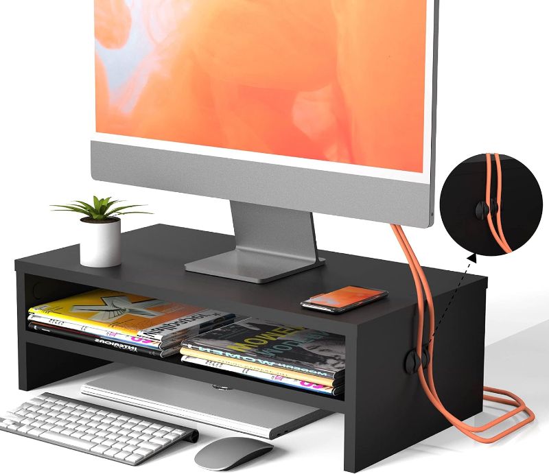 Photo 1 of Rathsyme Monitor Stand - 2 Tier Computer Monitor Riser with 16.7 Inch Shelf, Wood Desktop Stand for Laptop Computer Screen, Desk Organization, Office Supplies,Black