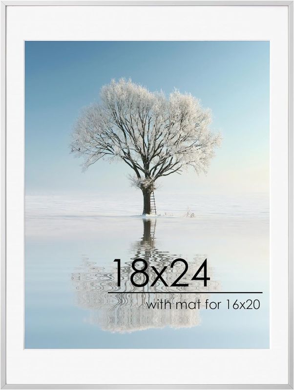 Photo 1 of 18x24 Metal Picture Frame for Wall with Mat for 16x20, 18''x24'' Aluminum Photo Frames With Tempered Glass for Home Decor, Minimalist Modern Poster Frame Horizontal and Vertical Formats, Silver
