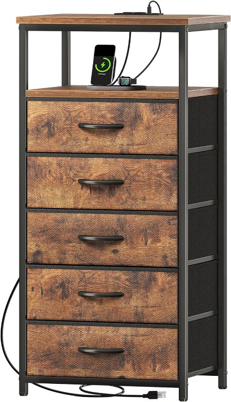 Photo 1 of 5 Drawers Dresser with Charging Station, Dresser for Bedroom, Tall Night Stand, Chest of Drawers with Open Shelf, Bedside Table Nightstand, Fabric Dresser, for Entryway, Rustic Brown