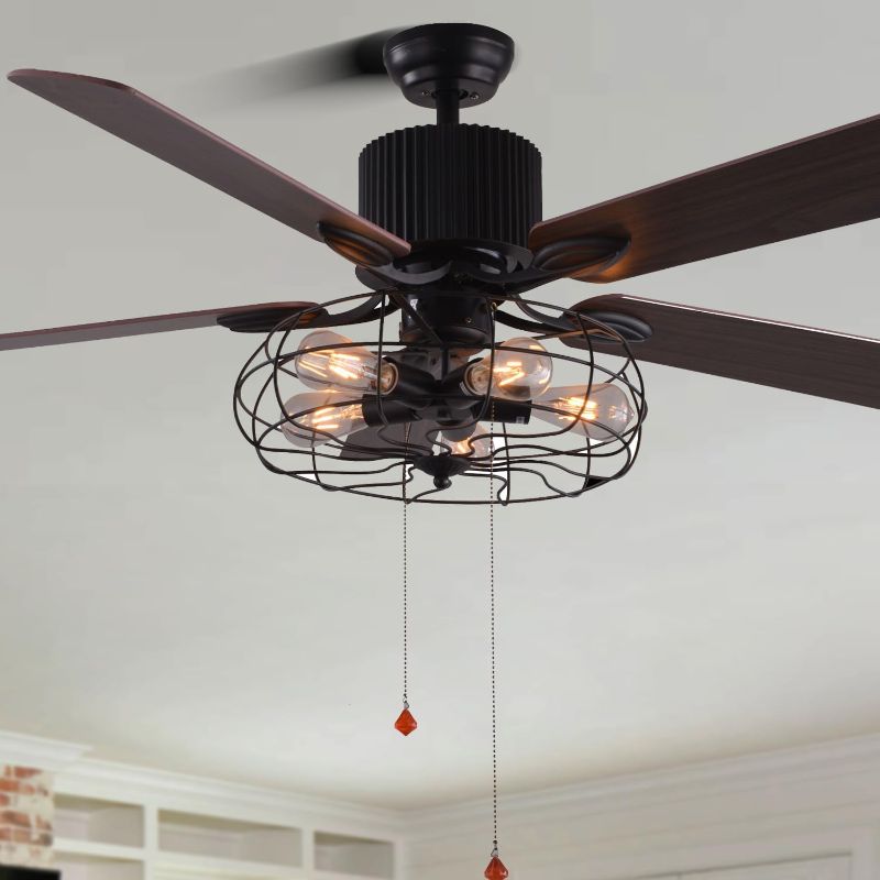 Photo 1 of 48" Industrial Farmhouse Ceiling Fan with Lights and Remote, Black Vintage Caged Fandelier Ceiling Fan, Ceiling Fan Lights with 5 Reversible Wooden Blades for Dining Room Living Room Bedroom
