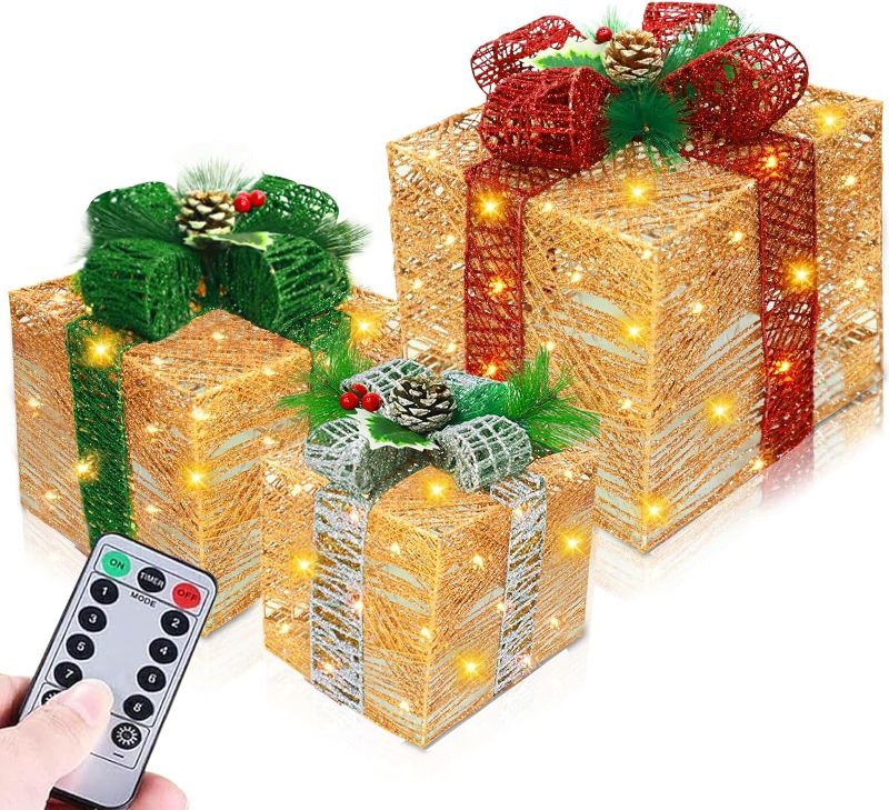 Photo 1 of [ Super Large 12"-10"-8" ] 3 Pack Christmas 60 LED Lighted Gift Boxes Decor Timer 8 Modes Remote Battery Operated Gold Glitter Boxes Decorations Outdoor Home Indoor Xmas Tree Yard
