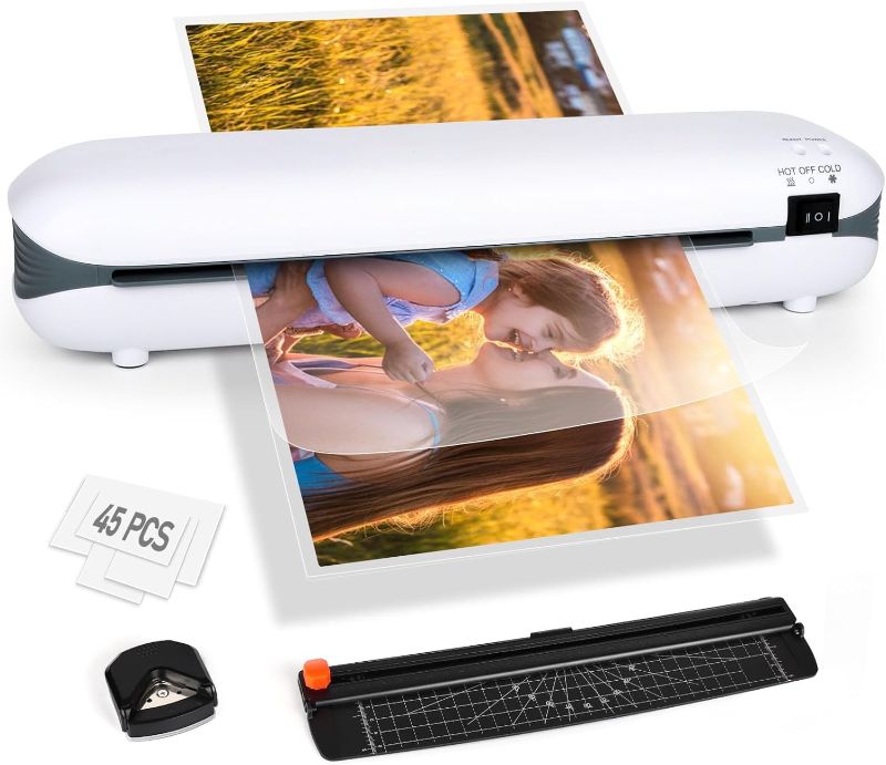 Photo 1 of Laminator 9 Inch A4 Laminator Machine, Desktop Thermal Laminator Never Jam 45 Laminating Pouches with Paper Trimmer, Fast Warm-Up Home Office School Use, White
