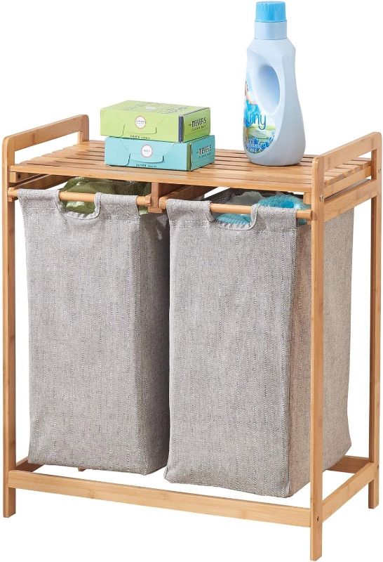 Photo 1 of 
mDesign Freestanding Bamboo 2 Section Double Laundry Organizer Hamper with Removable Storage Sorter Bags, Space-Saving Basket Duo with Handles for..