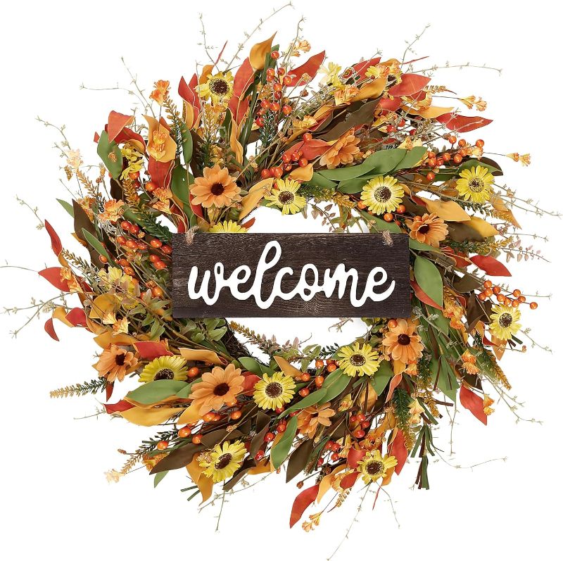 Photo 1 of 
Sggvecsy Fall Wreath 22’’ Harvest Wreath Autumn Front Door Wreath with Daisies Leaves Red Berries for Front Door Outside Indoor Wall Window Thanksgiving...