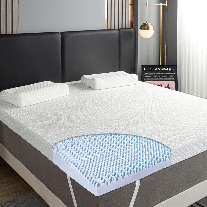 Photo 2 of **Unable to measure***
2 Inch  Memory Foam Mattress Topper with Bamboo Cover, Cooling Gel-Infused Swirl Egg Crate Memory Foam, Standard 100 by Oeko-TEX Certified, Blue (with cover)