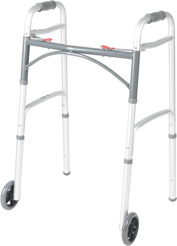 Photo 1 of Drive Medical 10210-1 2-Button Folding Walker with Wheels, Rolling Walker, Front Wheel Walker, Lightweight Walkers for Seniors and Adults Weighing Up To 350 Pounds, Adjustable Height, Silver