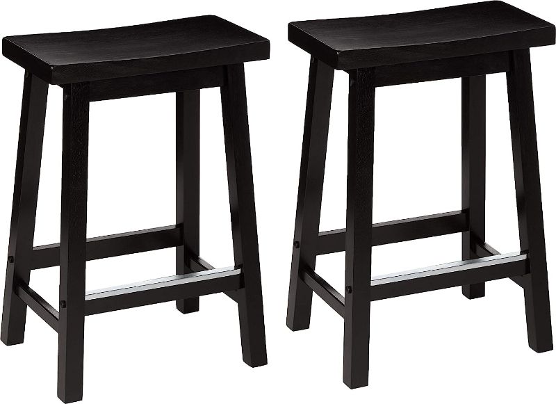 Photo 1 of Amazon Basics Solid Wood Saddle-Seat Kitchen Counter-Height Stool, 24-Inch Height, Black - Set of 2