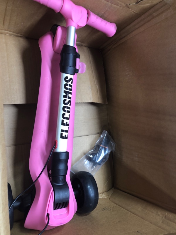 Photo 2 of ** FOR PARTS ONLY ** ELECOSMOS Foldable Electric Scooter for Kids Ages 3-12, Thumb Throttle, Flash Deck & 3 Extra Wide Light Up Big Wheels, 3 Heights Adjustable, 5 MPH Safe Speed, Super Lightweight Kick Scooter for Kids 
SCOOTER IS PINK
WAS USED 