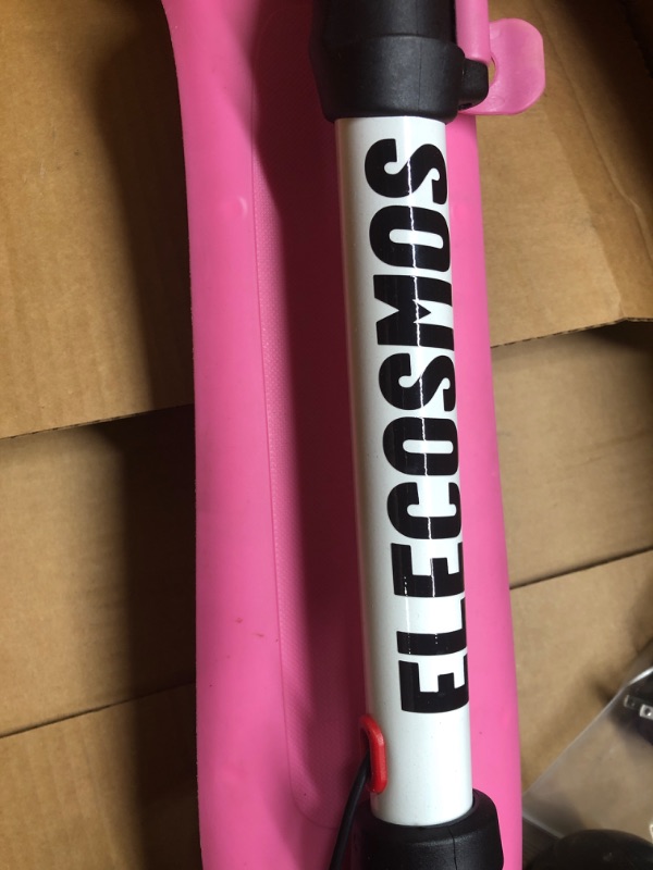 Photo 5 of ** FOR PARTS ONLY ** ELECOSMOS Foldable Electric Scooter for Kids Ages 3-12, Thumb Throttle, Flash Deck & 3 Extra Wide Light Up Big Wheels, 3 Heights Adjustable, 5 MPH Safe Speed, Super Lightweight Kick Scooter for Kids 
SCOOTER IS PINK
WAS USED 