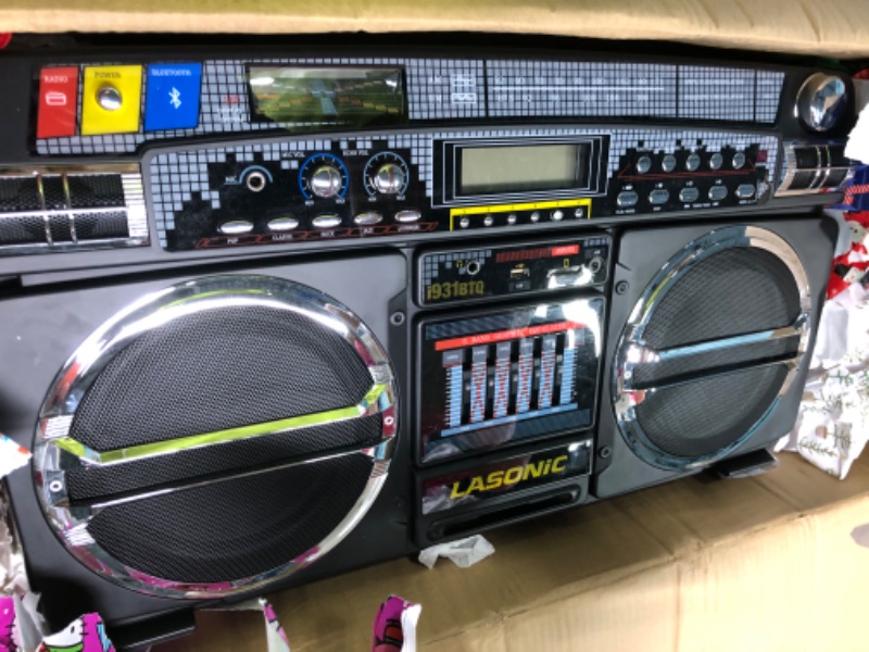 Photo 3 of i-931BT Classic 80s Style Retro Bluetooth Boombox, AM/FM/RBDS Digital Tuning, Wireless Streaming, Built-in Equalizer, 40 Preset Stations, USB/Micro SD Slots, Aux in, Headphone Jack, Black