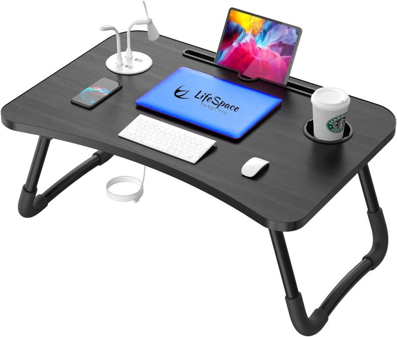 Photo 1 of LifeSpace. Portable Adjustable Laptop Desk with USB Charger, Cup Holder, Enhance Productivity, Comfort, and Organization - Say Goodbye to Neck and Back Pain - Foldable Bed Table Tray
