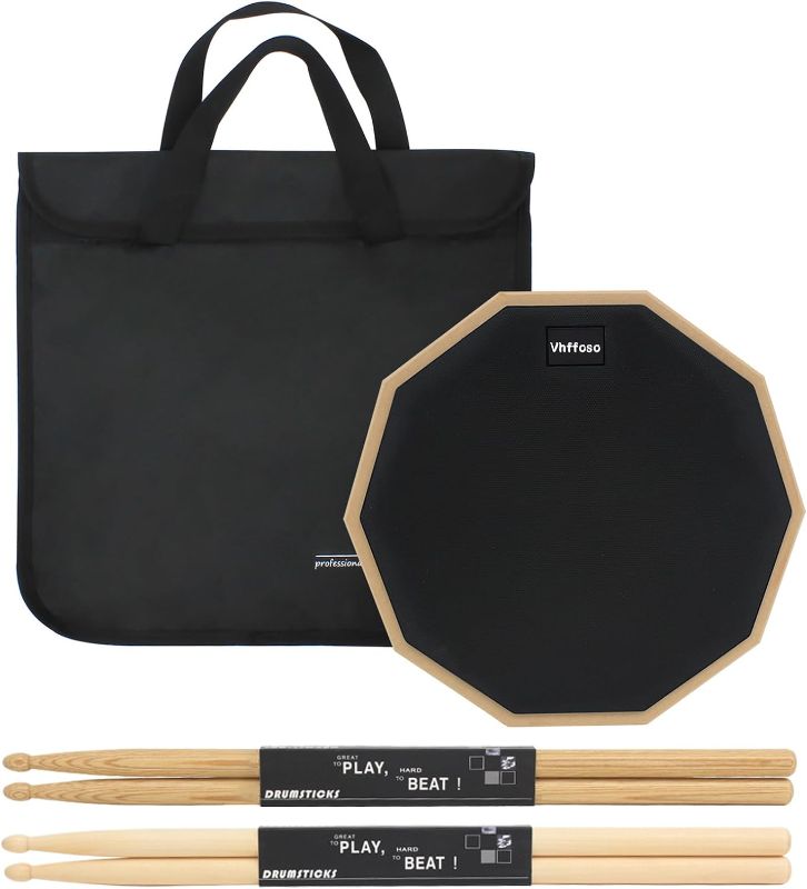 Photo 1 of 12 Inch Practice Pad with 5A Oak and Maple Drumsticks and Carrying Bag, Double Sided Silent Drum Pad (black)
