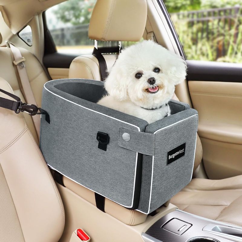 Photo 1 of BurgeonNest Dog Car Seat for Small Dog, Center Console Dog Booster Seat with Side Pack, Upgraded Pet Car Seat with Double Protection Seat Belts, Washable Cushion, Safety Leash and Storage Pocket