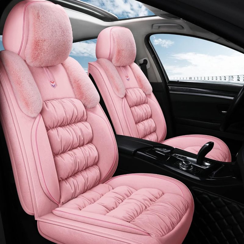 Photo 1 of  Fuzzy Car Seat Covers Full Set, Fluffy Automotive Seat Covers for Cars SUV Pick-up Truck, Soft Plush Synthetic Fur Car Seat Cushions, Warm Seat Cover Winter Protector,Pink