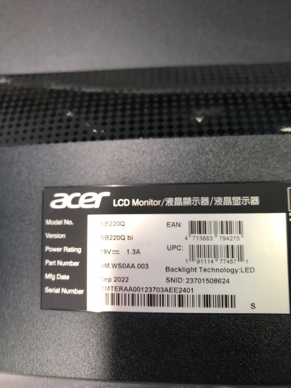 Photo 5 of Acer 21.5 Inch Full HD (1920 x 1080) IPS Ultra-Thin Zero Frame Computer Monitor (HDMI & VGA Port), SB220Q bi 21.5-inch FHD Monitor