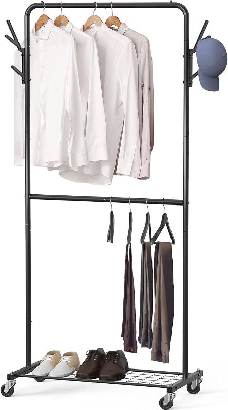 Photo 1 of **USED** Simple Houseware Double Rod Garment Rack With Wheels and Hooks, Black
