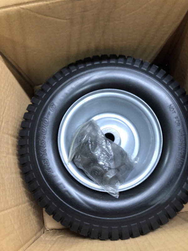 Photo 3 of 2-Pack 13x5.00-6 Flat-Free Tire with Rim,3"Centered Hub with 3/4" Bushings,w/Grease Fitting?400lbs Capacity,13x5-6 No-Flat Solid Rubber Turf Wheel,for Riding Lawn mower,Garden Cart,Wheelbarrow