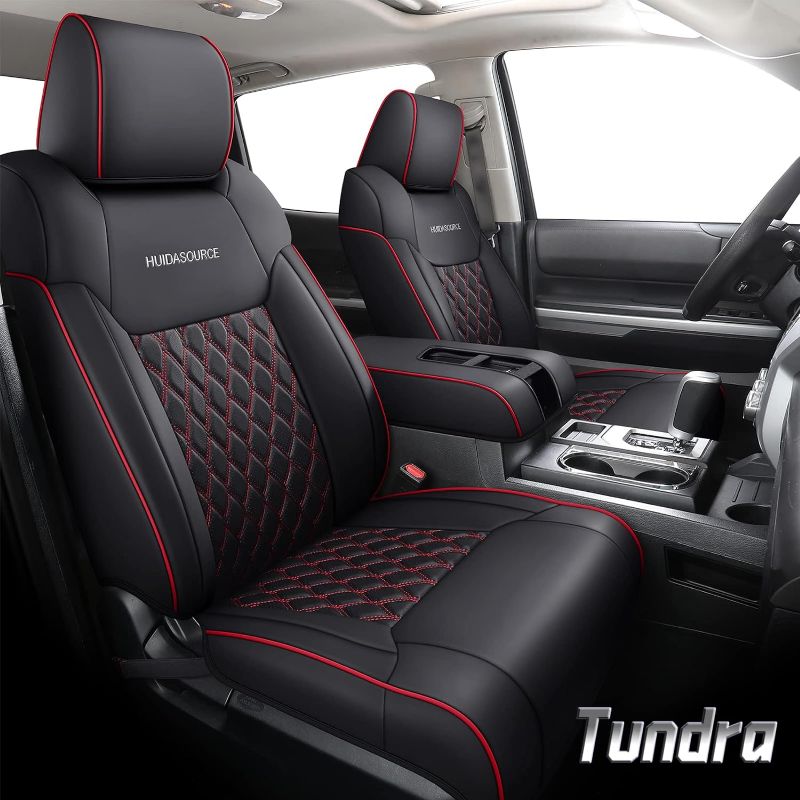 Photo 1 of **USED** Huidasource Tundra Car Seat Covers Waterproof Faux Leather Front and Rear Fits Toyota Tundra CrewMax/Double Cab Pickup Truck (Full Set/Black & Red)
