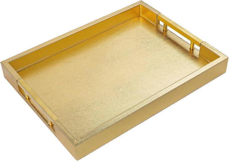 Photo 1 of  Gold Serving Tray with Handles, 15.7 x 11.8 Inch Decorative Trays for Coffee Table, Rectangle Serving Tray and Modern Ottoman Trays for Living Room, Vanity, Kitchen, Bright Gold
