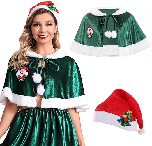 Photo 1 of EARENT Christmas Velvet Cloak Skirt Set Red Mrs Santa Claus Shawl Cape Xmas Party Cosplay Costumes Sets for Women Girls