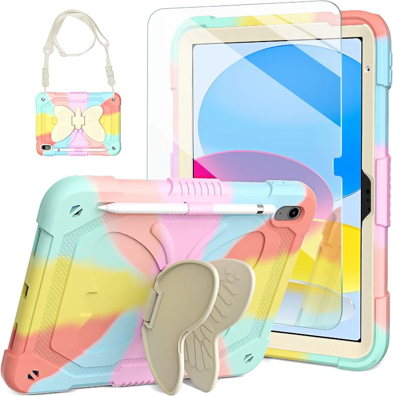 Photo 1 of iPad 10th Generation Case 10.9" 2022 for Kids Girls, with Tempered Glass Screen Protector, Shoulder Strap|Ambison Shockproof Sturdy Cute Cover 10th Gen iPad Case with Butterfly Stand(Multicolor)
