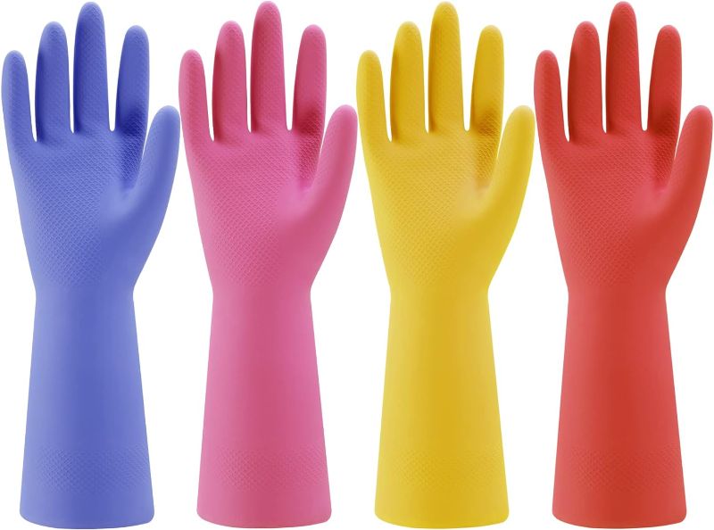 Photo 1 of Bamllum Rubber Kitchen Dishwashing Gloves - 4 Pairs Colorful Reusable Household Cleaning Gloves for Washing Dishes and Cleaning Tasks, Flexible Durable and Non-Slip (Small, Blue+Pink+Yellow+Orange) Small 4 Color