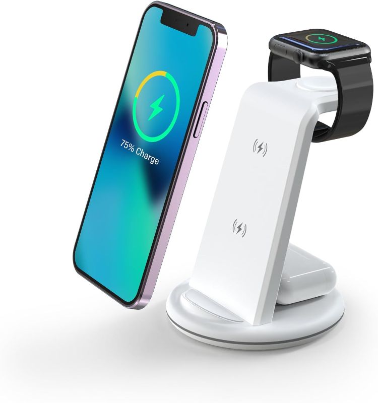 Photo 1 of 3 in 1 Wireless Charger for iPhone, Fast Charger Stand Dock for Multiple Devices, Wireless Charging Station for iPhone 14/13/12/SE/X/XR/XS, iWatch Series 8/7/6/5/4, AirPods 3/2/Pro, and More
