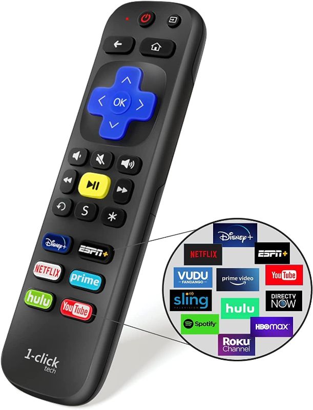 Photo 1 of 1-clicktech Remote for Roku TVs and Roku Players Express Premiere Ultra [2-in-1 w/TV Power+Volume] [NOT for ROKU Stick] Black Remote RT Series