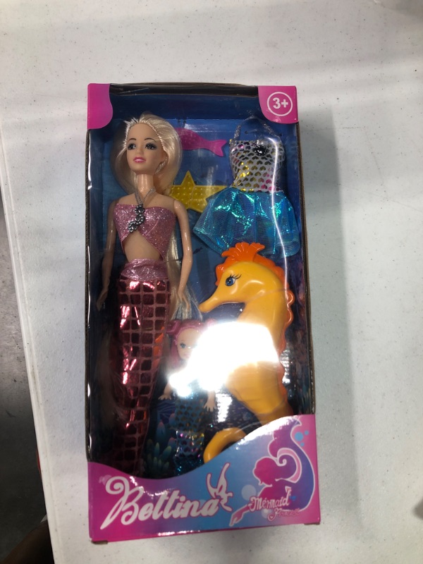 Photo 2 of BETTINA Mermaid Princess Doll with Little Mermaid & Seahorse Play Gift Set | Mermaid Toys with Accessories and Doll Clothes for Little Girls (Pink) Style A