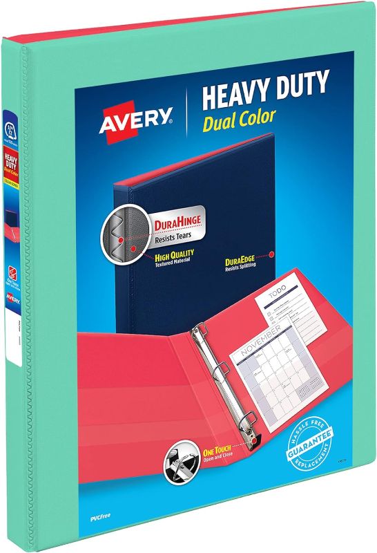 Photo 1 of Avery Heavy-Duty Dual Color 3 Ring Binder, 1/2 Inch Slant Rings, Mint/Coral View Binder (17881) .5" Mint/Coral