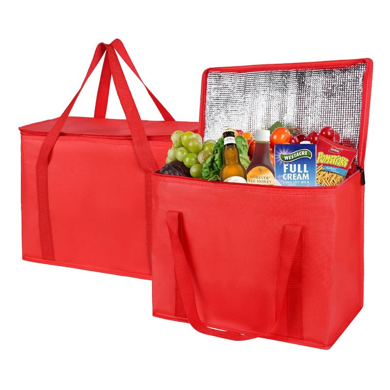 Photo 1 of  XL-Large Insulated Grocery Shopping Bags, Red, Reusable, Heavy Duty, Zipped Zipper,Collapsible,Tote,Cooler,Groceries,for car,Recycled Material Warm Foldable Bag…
