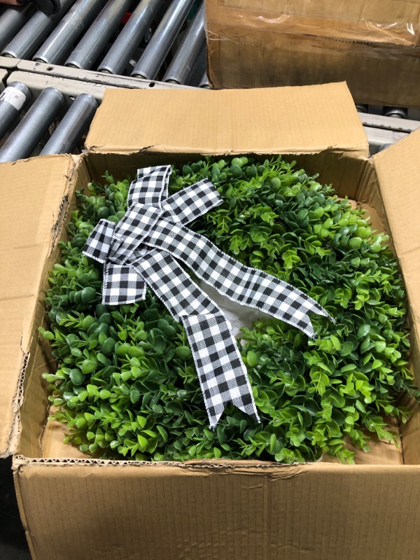 Photo 3 of 20" Faux Round Boxwood Wreath, Vlorart Artificial Boxwood Wreath Front Door Wreaths Artificial Spring Summer Greenery Hanging with A Plaid Bow for Front Door Wall Hanging Window Wedding Party Decor 20inch