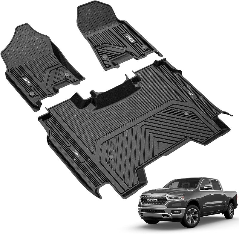 Photo 1 of 3W Floor Mats Compatible for Dodge Ram 1500 Without Storage 2019-2023, TPE All Weather Custom Fit Floor Liner for Dodge Ram, First and Second Row Full Set Car Mats Black Without Under-Seat Storage