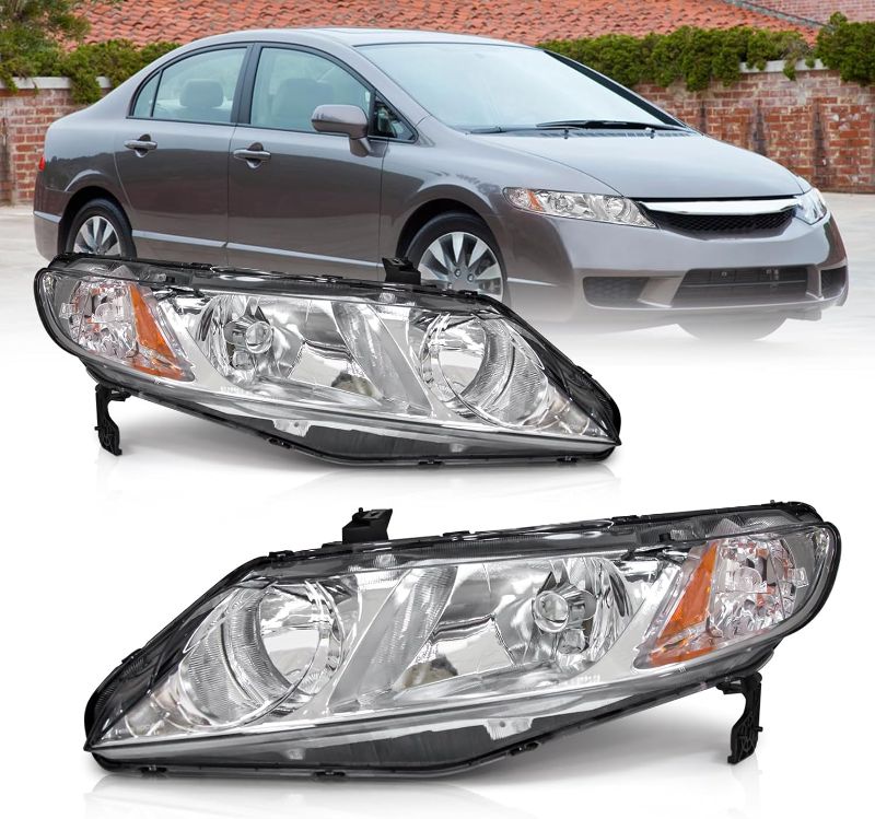 Photo 1 of AXLAHA Headlights Assembly Compatible with 2006-2011 Honda Civic Sedan 4dr - Chrome Housing, Amber Reflector - Headlamp Replacement for Civic 2006-2011 - Driver and Passenger Side Included