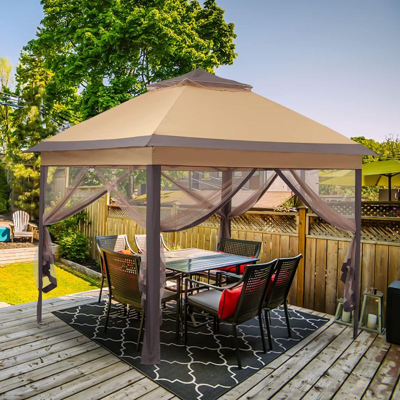 Photo 1 of 11'x11' Patio Gazebo 2-Tier Outdoor Pop up Canopy Tent with Netting Sidewalls Brown