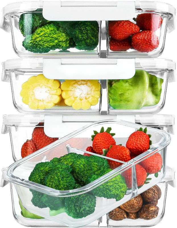 Photo 1 of [5-Pack,36 Oz]Glass Meal Prep Containers 2 Compartments Portion Control with Upgraded Snap Locking Lids Glass Food Storage Containers, Microwave, Oven, Freezer and Dishwasher (4.5 Cups, White)