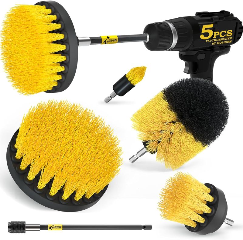 Photo 1 of Holikme 5Pack Drill Brush Power Scrubber Cleaning Brush Extended Long Attachment Set All Purpose Scrub Brushes Kit for Grout, Floor, Tub, Shower, Tile, Bathroom and Kitchen Surface?Yellow