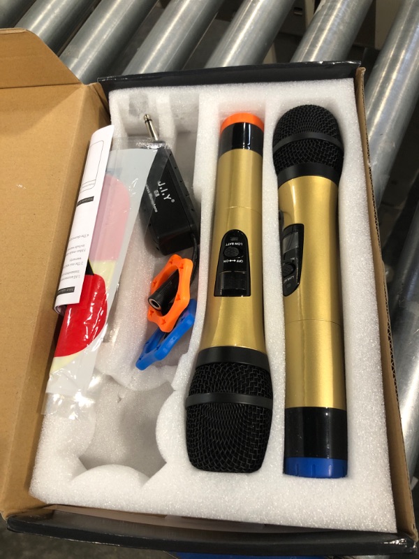 Photo 2 of ALPOWL Wireless Microphone, UHF Dual Cordless Dynamic Mic System,Handheld Karaoke Microphone with Rechargeable Receiver(Auto Connect,160 ft Range) for Singing, Church, Speech, Wedding, Party Gold