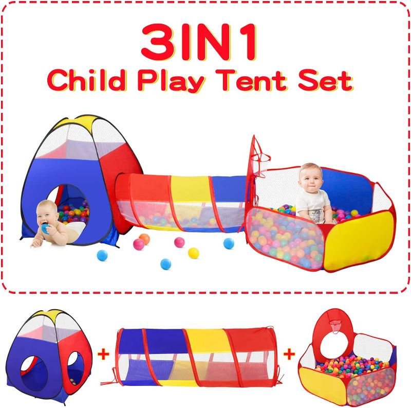 Photo 1 of GeerWest 3 in 1 Kids Play Tent for Toddler with Baby Ball Pit and Play Tunnel, Children Indoor Outdoor Playhouse with Climbing Tunnel Toy for Toddlers, Boys and Girls Best Birthday Gifts
