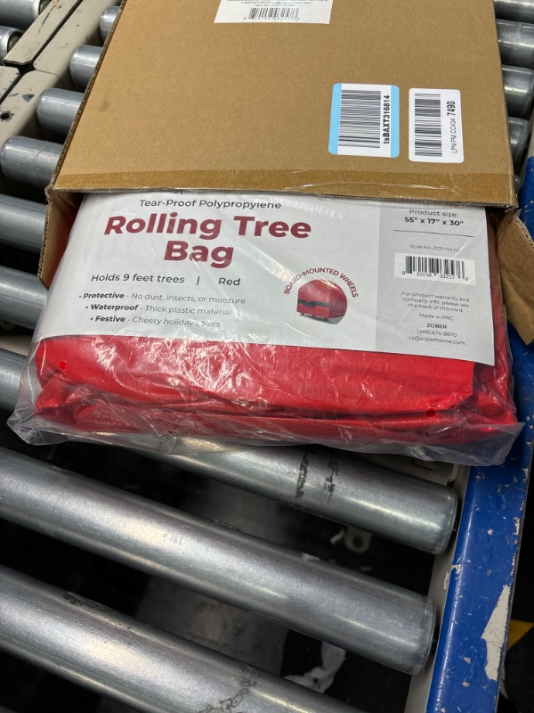 Photo 2 of Zober Rolling Large Christmas Tree Storage Bag - Fits Artificial Disassembled Trees, Durable Handles & Wheels for Easy Carrying and Transport - Tear/Waterproof Polyethylene Plastic Duffle Bag (9 Ft., Red) 9 Ft. Red