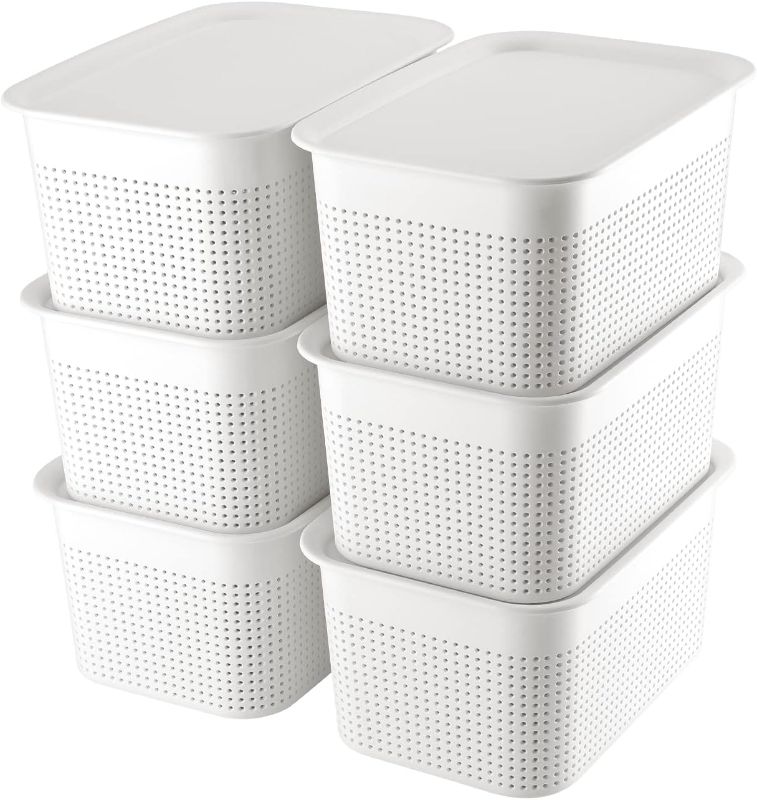 Photo 1 of  Plastic Storage Bins With Lid Set of 6 Baskets for Organizing Container Lidded Organizer Shelves Drawers Desktop Closet Playroom Classroom Office, Whit
